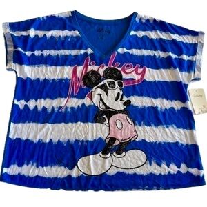 NWT Disney Mickey Mouse Women's Sleep Tee, Beach Mickey, Blue/White Stripes Sz L